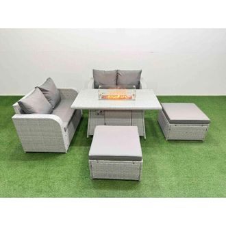 Fimous 6 Seater Outdoor Love Sofa Set Rattan Garden Furniture Set with Firepit Dining Table 2 Footstool Light Grey - Fimous