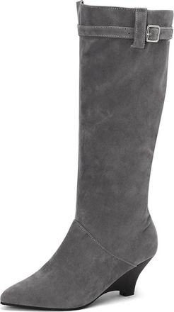 Generic Womens Wedge High Heel Long Boots Pointed Toe Knee High Boots with Side Zipper Faux Suede Western Boot with Buckle,Grey,5.5 UK