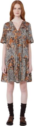 Max Mara Abito kaftano corto in jersey di puro cotone con gonna a balze e motivo stampato all over - Dames - Korte kleedjes - Veelkleurig - S - Katoen - Kleedj