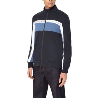 A|X Armani Exchange Mens Unbrushed Organic Cotton Tri-Color Mock Neck Zip Up Sweatshirt, Navy/True Navy, S