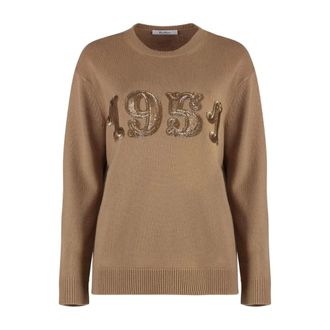 Max Mara Round-neck Knitwear, female, Brown, Size: XS Cashmere Blend Crewneck Sweater