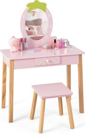 Costway Costway 2 En 1 Juego De Tocador De Maquillaje Para Ni&ntilde;as, Tocador De Maquillaje De Madera Para Ni&ntilde;as Con Taburete, Espejo En Forma De Fresa Y Caj&oacute;n, S