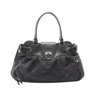 Ferragamo Pre-owned Handbags, female, Black, Size: ONE SIZE Pre-owned Gancini Canvas Leather Tote Bag