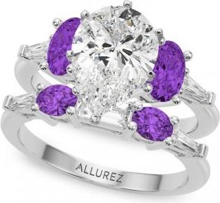 Allurez Pear Lab Grown Diamond & Oval Amethyst Bridal Set 18K White Gold (4.65ct)