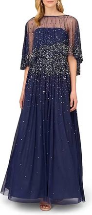 Aidan Mattox Ball Gown With Removeable Beaded Cape In Navy