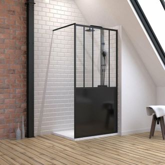 Aurlane Aurlane - Pack Mampara De Ducha 100x200 Cm Negro Mate + Plato Extraplano De Pie 100x80 Canal Efecto Piedra Blanca