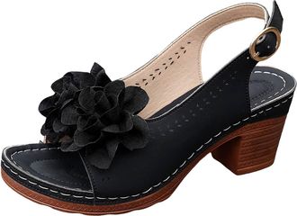 Generic Womens Floral Open Toe Ankle Strap Sandals Chunky Mid Heel Dress Shoes for Wedding Party Summer, Elegant White Casual Heeled Sandals for Women Outdoor