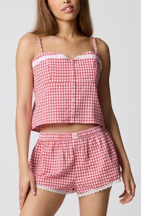 Florence By Mills Lace Trim Gingham Crop Stretch Cotton Camisole in Red Gingham at Nordstrom, Size Xx-Small