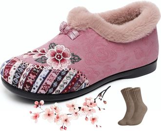 Generic Womens Warm Floral Winter Ankle Boots, Cozy Lightweight Non-Slip Everyday House Shoes Moccasin Indoor Outdoor (Pink,6.5)