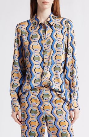 Tahari by ASL Geo Print Satin Button-Up Shirt in Blue Chains at Nordstrom, Size X-Large