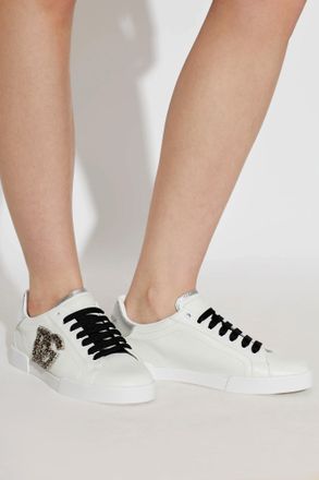 Dolce & Gabbana Leather Sports Shoes With Logo, Womens, Cream