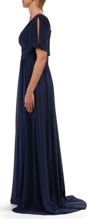 La Femme Flattering Net Jersey Long Dress with Ruffle Sleeve in Navy at Nordstrom, Size 10