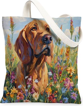 Generic Spring Bloodhound Dog Canvas Tote Bag for Shopping 13x15, Oil Painting Wildflower Puppy Reusable Grocery Print Pattern Bag for Women, Fun Pet Beach Ae