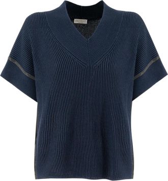 Brunello Cucinelli Brunello Cucinelli, V-neck Knitwear, female, Blue, Size: XL Casual Cotton T-shirt with Iconic Embroidery