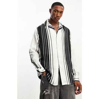 Asos Relaxed Fit Stripe Satin Bowling Shirt in Black at Nordstrom, Size Xx-Large