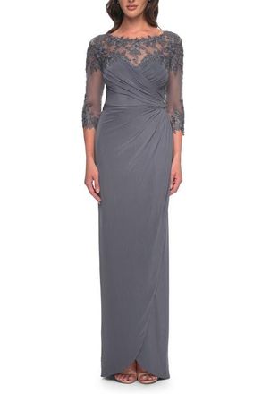 La Femme Long Jersey Evening Dress with Lace Detail Neckline and Sleeves in Gunmetal at Nordstrom, Size 10
