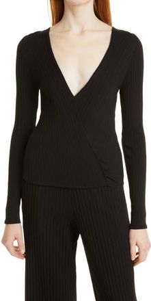 Vince Ribbed Long Sleeve Wrap Top in Black at Nordstrom, Size X-Large