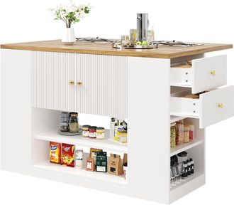 STILVORA Isla De Cocina Con 2 Puertas, Cajones, Estantes Ajustables Y Tablero Plegable, Mdf Y Metal, 140x40x90 Cm, Blanco