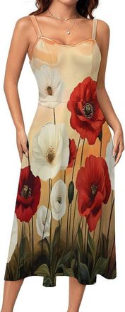 Generic Red Floral Poppy Flower Painting Women Summer Dresses Sleeveless Sundress Beach Casual Swing Midi Dress M