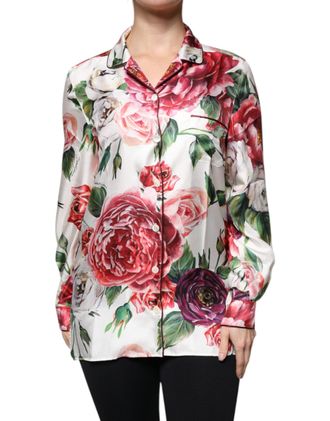 Dolce & Gabbana Womens White Peony Silk Long Sleeves Collared Blouse Top