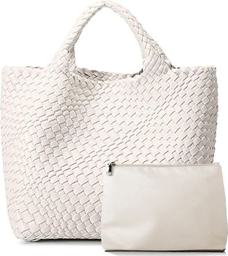 Generic Dyalsa Women Woven Handbag Soft Vegan Leather Shoulder Bag Summer Handmade Hobo Bag Clutch Bag Set for Work Travel (Off-White)