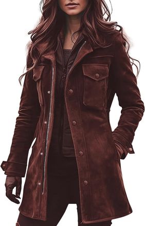 Generic Womens Suede Jacket, Womens Brown Vintage Suede Blazer Jackets Western Cowboy Long Sleeve Lapel Windbreaker Coats Full Zip Button Cuffs Mid Length Dre