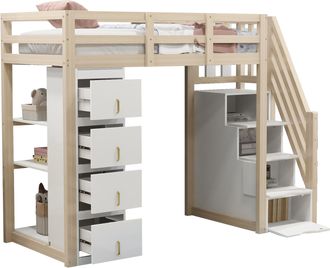 STILVORA Cama Alta 90 X 200 Cm Con 4 Cajones, Estantes Y Escalera Con Almacenamiento, Sin Colch&oacute;n, De Madera, Madera Natural