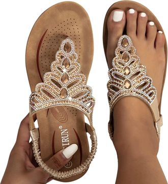 Generic Womens Flat Sandals Boho Summer Rhinestone Beach Flip Flops Sandals Fashion Holiday Beach Open Toe Footwear Summer Outdoor Sandals