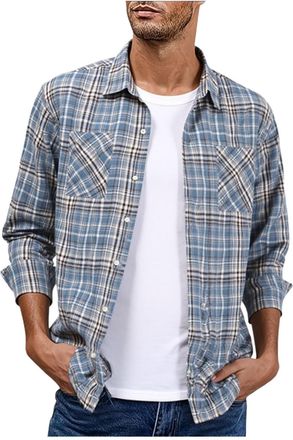Generic Mens Checked Shirts Casual Regular-Fit Fashionable Versatile Long Sleeve Lightweight Plaid Shirt Comfortable Durable Button-Up Lapel Tops with Chest P