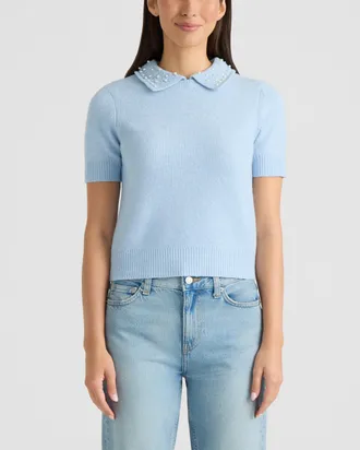 Ellen Tracy Womens Short Sleeve Sweater with Pearled Collar