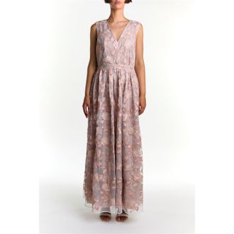 True Decadence Womens V-Neck Sleeveless Maxi Gown in Nude Rose Embr - Size 12 UK