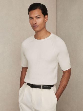Reiss Mens White Ribbed Knit Crew Neck T Shirt, Size: S