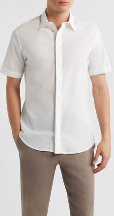 Emporio Armani Textured Stripe Short Sleeve Knit Cotton Button-Up Shirt in Solid White at Nordstrom, Size Xx-Large