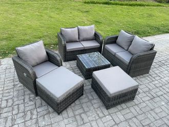 Fimous 7 Seater High Back Rattan Garden Furniture Set with Square Coffee Table 2 Big Footstool Love Sofa Indoor Outdoor Patio Lounge Sofa Set