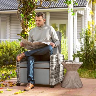 OUTSUNNY Rattan Garden Recliner Sun Lounger w/ Flip Table in Grey