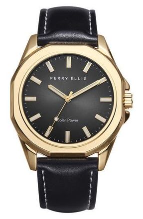 Perry Ellis Solar Leather Strap Watch, 41mm in Gold at Nordstrom Rack