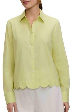 Foxcroft Scarlett Scallop Hem Linen Blend Button-Up Shirt in Limoncello Yellow at Nordstrom, Size Medium