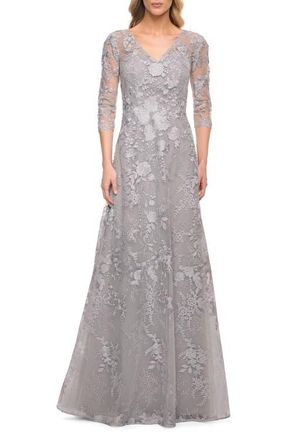 La Femme Long Lace Evening Dress with V Neckline and Sleeves in Silver at Nordstrom, Size 12