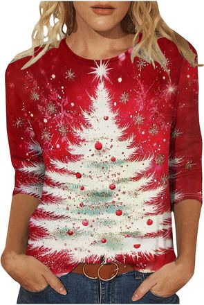 Generic Christmas T Shirts Women Light Up Christmas Tree Printed Ugly Tops Oversized 3/4 Sleeve Pullover Tunic Tees Sparkly Xmas Graphic Shirt Novelty Casual 