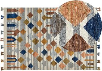 Beliani Alfombra Kilim De Lana Azul Verde Naranja 200 X 300 Cm A Mano Geom&eacute;trico Borlas Kasakh