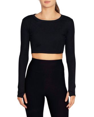 Nicole Miller Cropped Active Long Sleeve Top In Jet Black