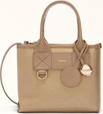 Furla Divide It Borsa Shopping Mini Naturale Marrone Tessuto Di Canvas + Pelle Di Vitello Morbida Donna