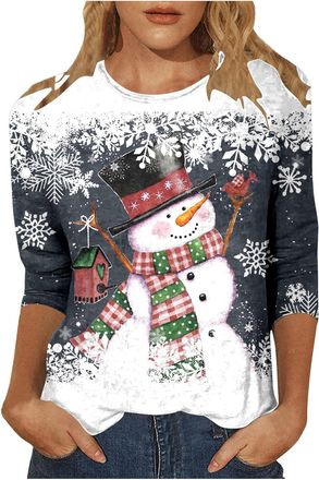 Generic Christmas T Shirts for Women UK Ladies Christmas Tops Crewneck Xmas Tops 3/4 Sleeve Tshirt Graphic Tees Dressy Shirts Santa Elk Snowflake Print Blouse