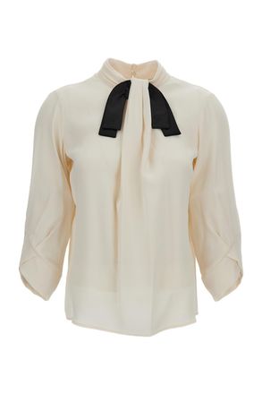 Elisabetta Franchi Cream White Satin Bow Embroidered Shirt
