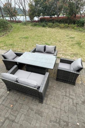 Fimous Rattan Outdoor Furniture Adjustable Rising Lifting Rectangle Dining Table Chairs 6 Seater in Dark Grey
