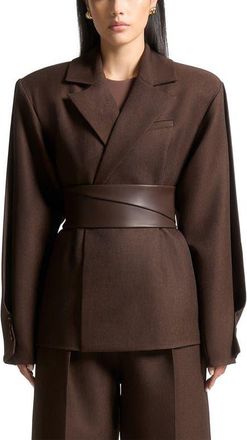 Mani&egrave;re De Voir Marie Twist Sleeve Tailored Blazer with Belt in Brown at Nordstrom, Size 12