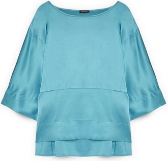 Fiorella Rubino Satijnen Blouse met Boot Halslijn - Dames - Blouses - Blauw - L - Satijn - Overhemden