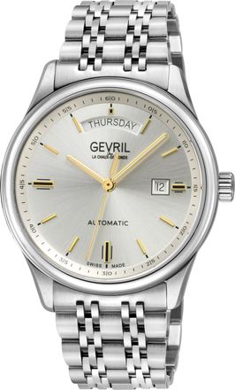 Gevril Group Mens Excelsior Swiss Automatic Movement, Sellita SW240, Day Date, 42 MM, Silver Dial, 316L Stainless Steel Bracelet Watch. - One Size