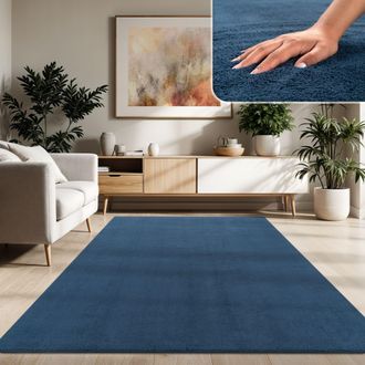 Paco Home Alfombra Moderna Para Sal&oacute;n A Pelo Corto Lavable Suave Uni Efecto Piel Antideslizante 140x200 Cm, Azul-marino - Paco Home