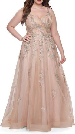 La Femme Lace Embellished Tulle A-Line Dress with Illusion Back in Champagne at Nordstrom, Size 24W